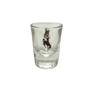 clear glass shot glass. brown bucking horse printed on either side