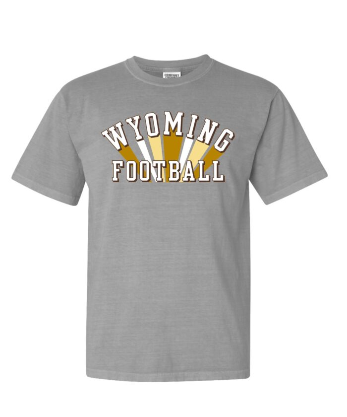 women's crew neck short sleeved tee in grey. Slogan Wyoming Football printed on front center in white, with gold and white striping behind the lettering
