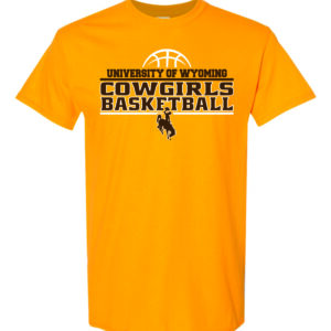 Gold short sleeved tee with slogan University of Wyoming Cowgirls Basketball on front in brown. Basketball logo above in white and brown bucking horse below slogan