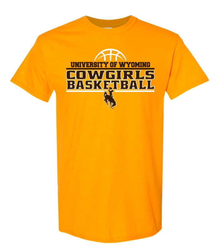 Gold short sleeved tee with slogan University of Wyoming Cowgirls Basketball on front in brown. Basketball logo above in white and brown bucking horse below slogan