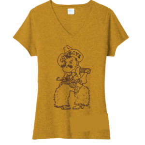 women's, v neckline short sleeved tee in gold. Large, brown outline of Pistol Pete logo printed on the front of tee.