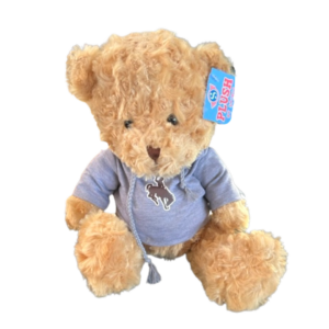 toffee, plush bear. bear wearing grey hoodie with brown bucking horse on front center