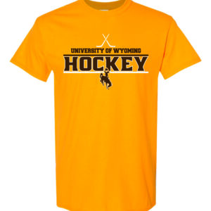 Gold short sleeved tee with slogan University of Wyoming Wrestling on front in brown. Hockey logo above in white and brown bucking horse below slogan
