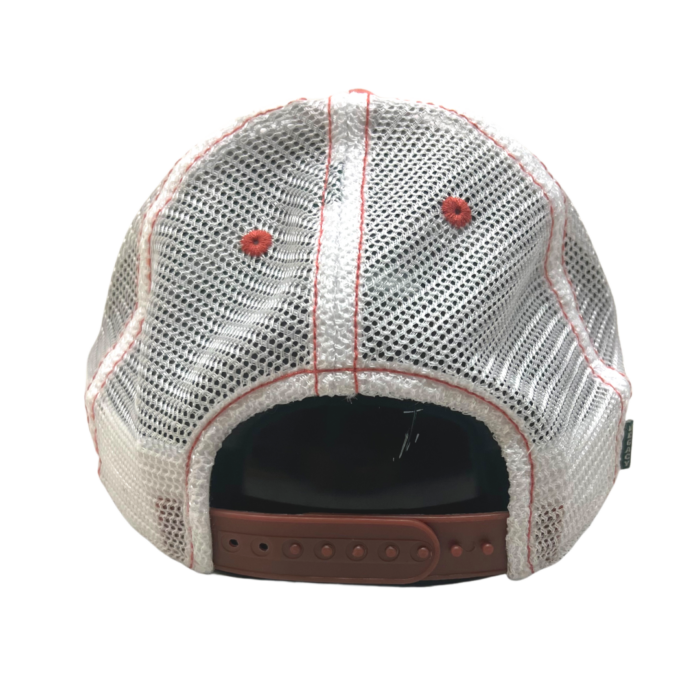 back of red hat with white mesh back. red plastic, snap back closure