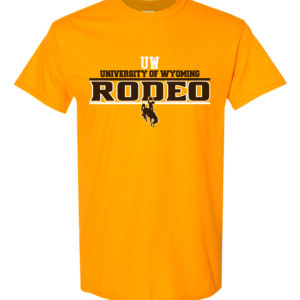 Gold short sleeved tee with slogan University of Wyoming Rodeo on front in brown. Rodeo logo above in white and brown bucking horse below slogan