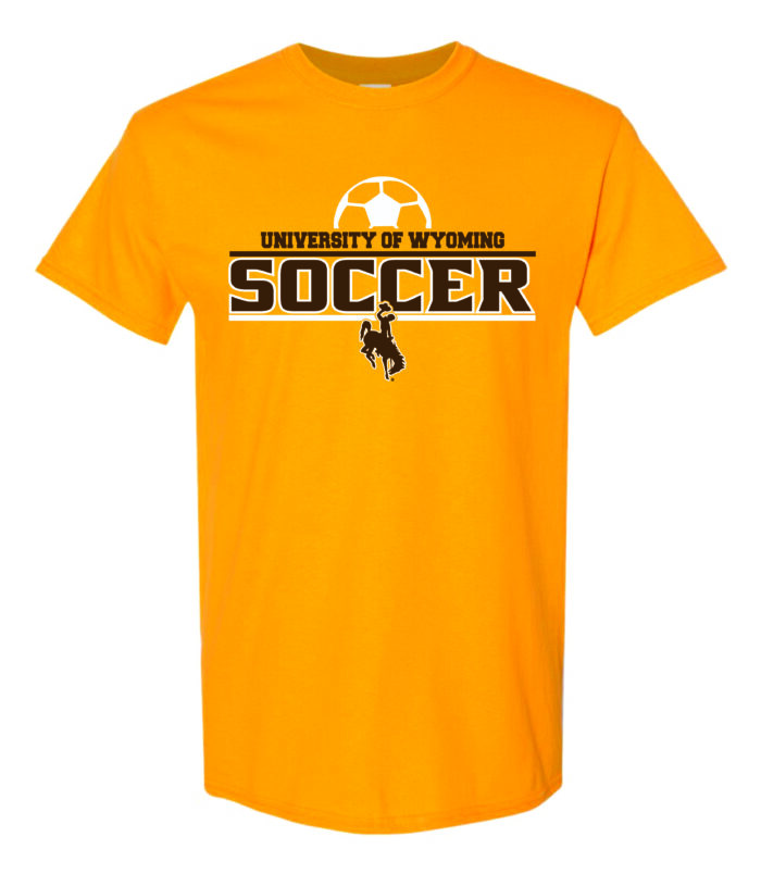 Gold short sleeved tee with slogan University of Wyoming Soccer on front in brown. Soccer logo above in white and brown bucking horse below slogan