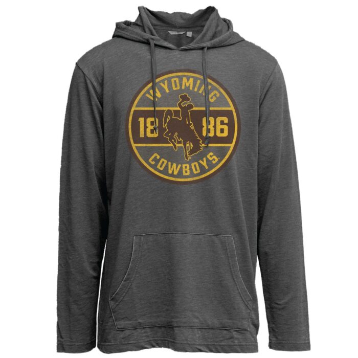 men's lightweight hooded long sleeved sweatshirt. circular screen print, with slogan Wyoming Cowboys and bucking horse in the center in brown and gold