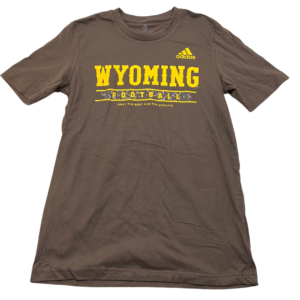 brown, Adidas brand short sleeved tee. Slogan Wyoming Football and bucking horse printed on front center of tee in gold