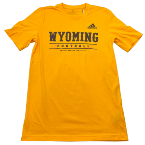 gold, Adidas brand short sleeved tee. Slogan Wyoming Football and bucking horse printed on front center of tee in brown
