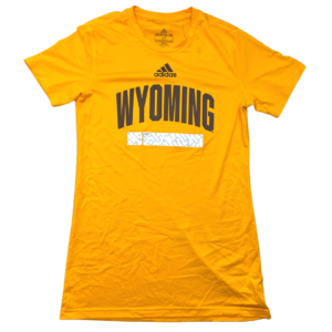women's gold athletic short sleeved tee. Adidas logo and word Wyoming printed in brown, with a white bar printed below. design on front center of tee