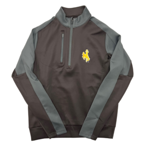 men's brown quarter zip jacket with grey and brown sleeves, gold bucking horse on left chest, grey zippered pocket on right chest
