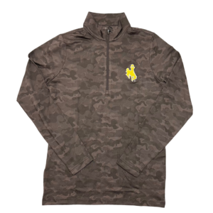 men's brown camo quarter zip jacket, gold bucking horse on left chest, brown zipper in center