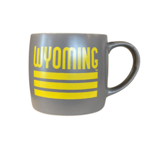 grey ceramic mug. word Wyoming with 3 stripes below printed on front in gold