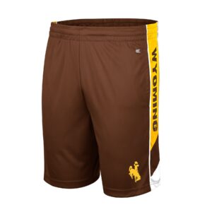 brown shorts with gold side panels and white piping trim. Gold bucking horse printed on bottom corner of leg, word Wyoming printed down the side of left leg