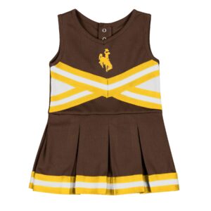 sleeveless, infant cheer dress. brown body with gold and white striping in the middle. Gold bucking horse printed in center of dress