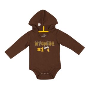 brown, infant long sleeved onesie with hood. Slogan Wyoming #1 Fan printed in whimsical pattern on front in white and gold