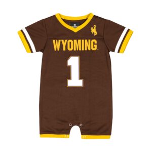 brown infant jersey romper with gold trim. Word Wyoming printed in gold on front, with number one in white below