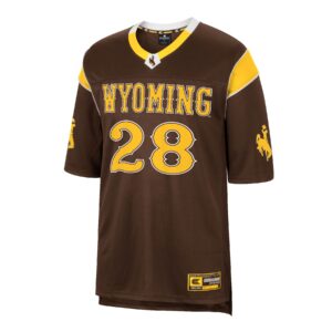 front view of brown youth sized, number 28 football jersey. gold trim details on neck and sleeves. Word Wyoming with number 28 on front of jersey in gold and white