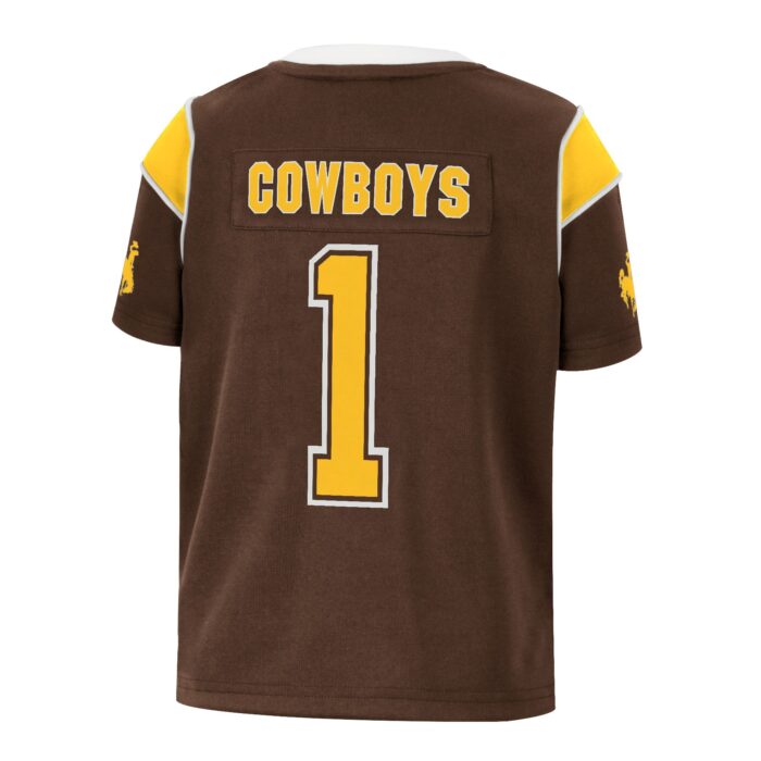 back view of brown toddler sized, football jersey. gold trim details on neck and sleeves. Word Cowboys with number 1 on back of jersey in gold and white