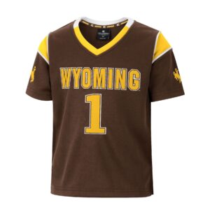 front view of brown toddler sized, football jersey. gold trim details on neck and sleeves. Word Wyoming with number 1 on front of jersey in gold and white