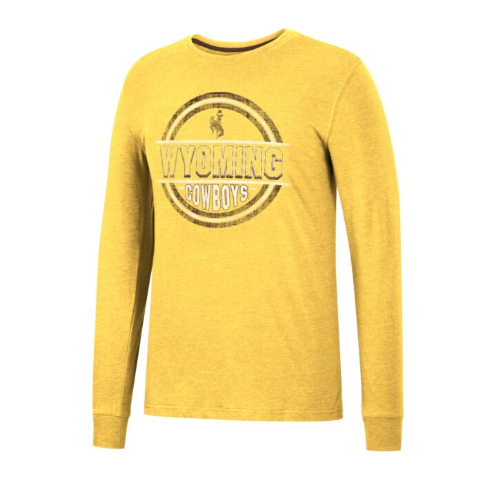 gold long sleeved tee, with circular distressed design on front. Inside circle is slogan Wyoming Cowboys in brown and white
