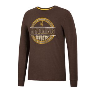 brown long sleeved tee, with circular distressed design on front. Inside circle is slogan Wyoming Cowboys in white and gold