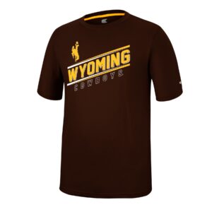 brown, short sleeved tee. Slogan Wyoming Cowboys printed diagonally on front of tee in gold with white lines above and below lettering