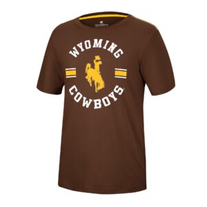 brown short sleeved tee, with arched slogan Wyoming Cowboys printed in white. Gold stripes, and gold bucking horse printed in between slogan