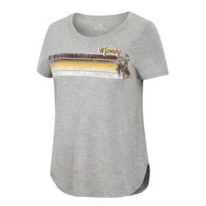 women's scoop necked tee. striped design on front in gold, brown, and white with bucking horse printed on left of stripes. Design is distressed