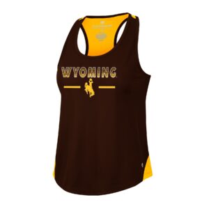brown women's razorback tank top. gold sides and back. Word Wyoming printed with gold stripes inside on front with bucking horse below