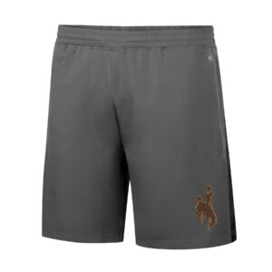 grey athletic shorts, with black striped panel on each side of leg. brown bucking horse with gold outline printed on bottom left leg of short