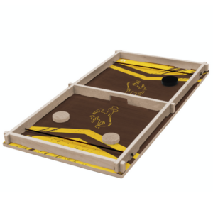 wooden sliding disc game. rectangular shaped board, with a brown background and gold bucking horse on either side of the game
