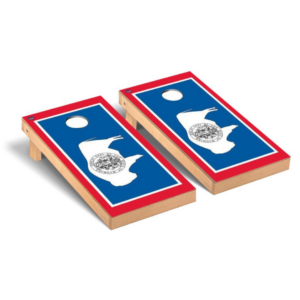 two wooden corn hole boards, with the Wyoming State Flag printed on front of each board