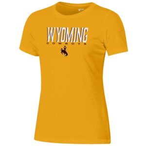 gold short sleeve shirt, word Wyoming in white with brown shadow, word cowboys in brown below, brown bucking horse with white outline below