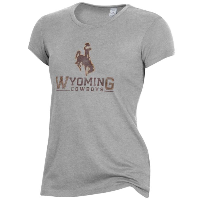 grey short sleeve tee, word Wyoming in brown, word cowboys in brown below with line on either side, brown bucking horse with yellow outline above