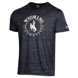 black, short sleeved tee with circular design on front. Inside circle is slogan Wyoming Cowboys with bucking horse between words in white