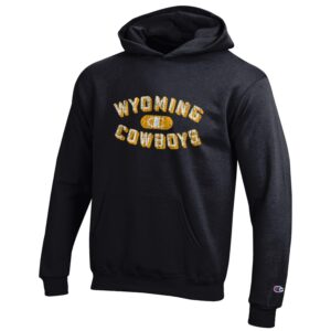 black, youth hooded sweatshirt. Slogan Wyoming Cowboys and champion logo printed on front in distressed white with gold outline. Champion logo embroidered on left arm