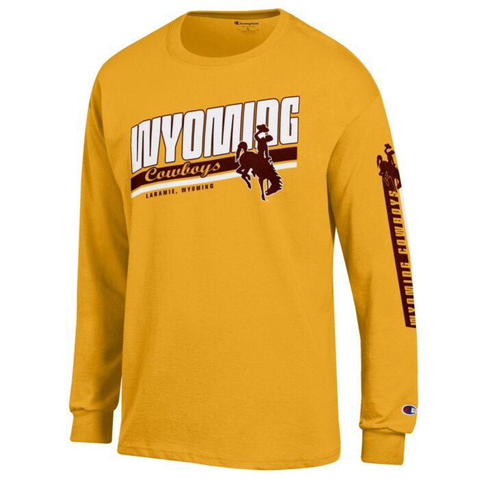 gold long sleeve shirt, word Wyoming in white with word cowboys in gold with brown and white stripes behind,words Laramie Wyoming beneath, brown bucking horse design on left side,