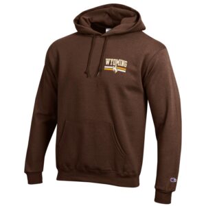 brown, mens hooded sweatshirt. Slogan Wyoming printed on front left in white with gold outline, with bucking horse with two lines in white and gold