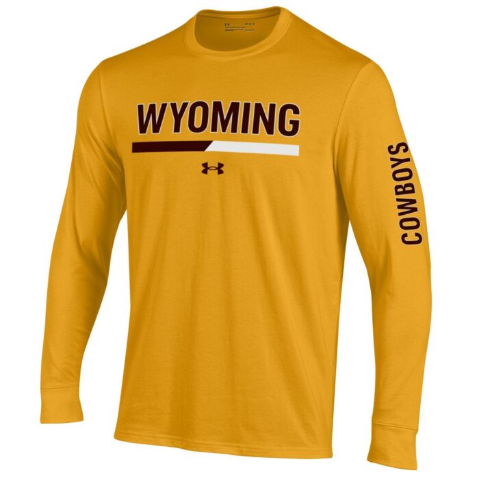 under armor brand, gold long sleeved tee. Word Wyoming printed in white with white and black line below on front of tee