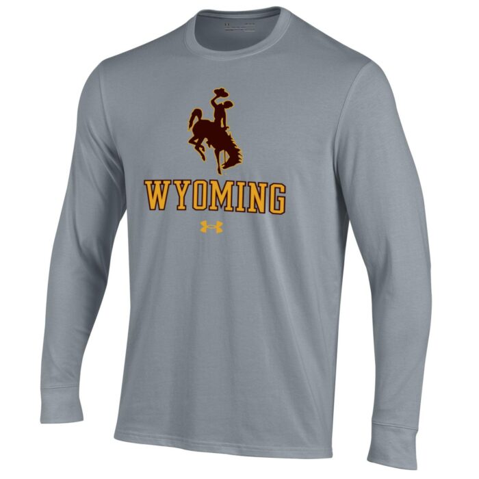 under armor brand, grey long sleeved tee. brown bucking horse on front center of tee with word Wyoming and Under Armour logo below in gold