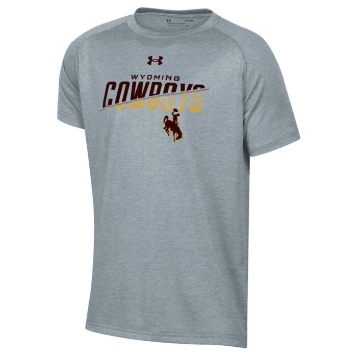 grey short sleeved shirt, words wyoming in brown cowboys in brown and gold, brown bucking horse design outlined in gold under, under armor logo in brown on top