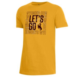 gold short sleeved tee shirt, with square design of Let's Go Cowboys, with bucking horse in brown and under armor logo laid over in white