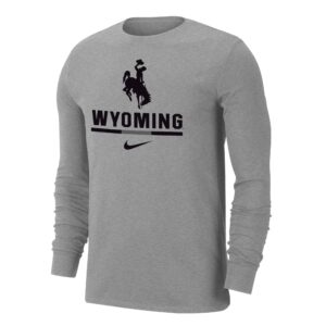 Nike brand, long sleeved tee in grey. Large black bucking horse with word Wyoming and Nike logo printed below on front center of tee
