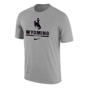 Nike brand, adult short sleeved tee in grey. Large black bucking horse with word Wyoming and Nike logo printed below on front center of tee