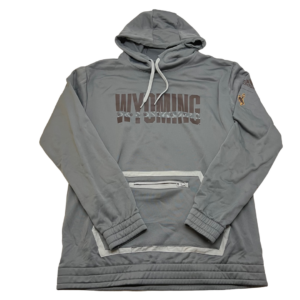 Adidas, grey hooded sweatshirt. Word Wyoming printed across front in brown. light grey stitching details around front pocket