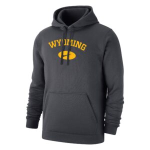 nike men's grey hooded sweatshirt, design is word wyoming in gold, gold circle below with nike logo in grey, pocket on front bottom