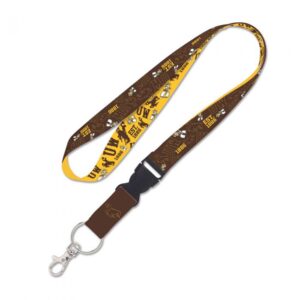 gold and brown lanyard, design is words UW Est. 1886, bucking horse logo in gold and brown scattered across fabric, swivel clip and buckle clasp