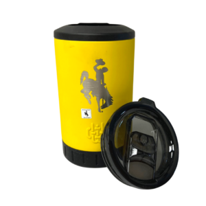 yellow can cooler with black silicone bottom and top, clear lid, design is stainless steel bucking horse, Wyld Gear logo at bottom