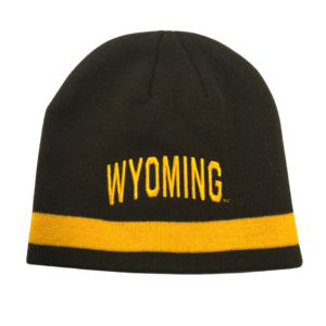 brown adidas beanie, word wyoming in gold, gold stripe at bottom